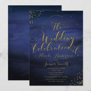 Convites Celebração de Casamento Azul e Dourado com Aquarel