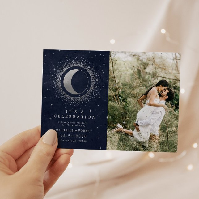 Convites Celebração de Casamento Celestial Silver Dois Foto (Criador carregado)