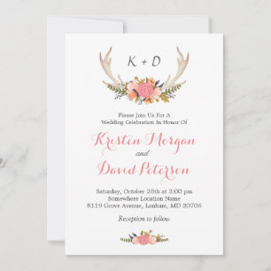 Convites Celebração de Casamento Chic Floral Deer Antler Bo