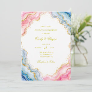 Convites Celebração de Casamento com Ágata Rosa Azul Dourad