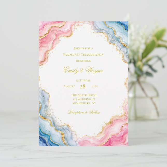 Convites Celebração de Casamento com Ágata Rosa Azul Dourad (Em pé/Frente)