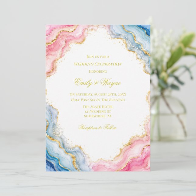 Convites Celebração de Casamento com Ágata Rosa Azul Dourad (Em pé/Frente)