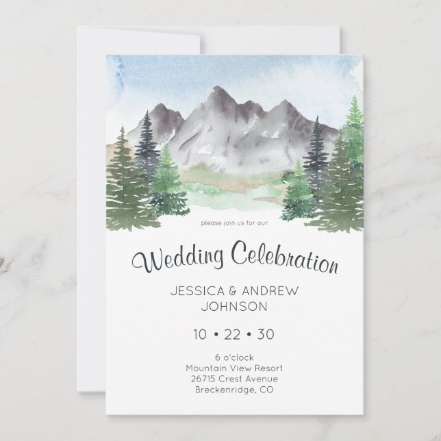 Convites Celebração de Casamento com Aquarela de Montanha (Frente)