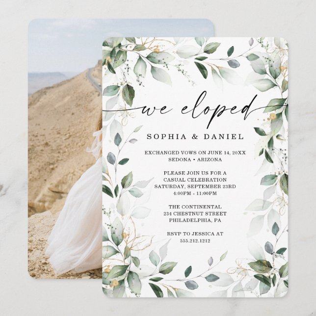 Convites Celebração de Casamento com Aquarela Verde e Doura (Frente/Verso)