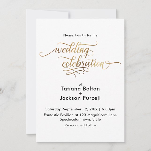 Convites Celebração de Casamento com Caligrafia em Ouro Ele (Frente)