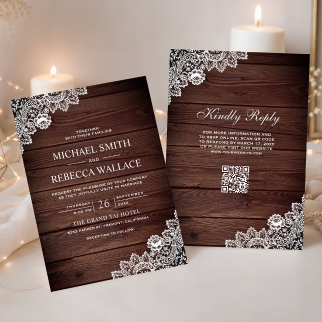 Convites Celebração de Casamento com Código QR em Madeira R (Criador carregado)