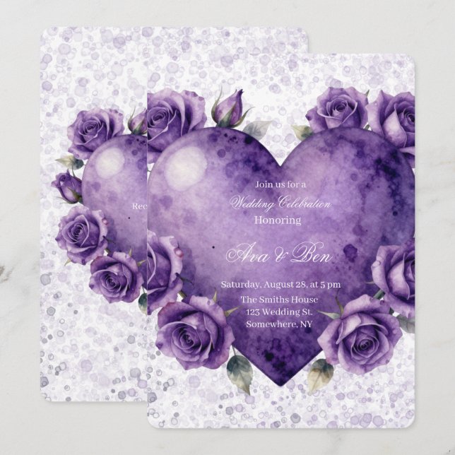 Convites Celebração de Casamento com Coração e Rosas Pintad (Frente/Verso)