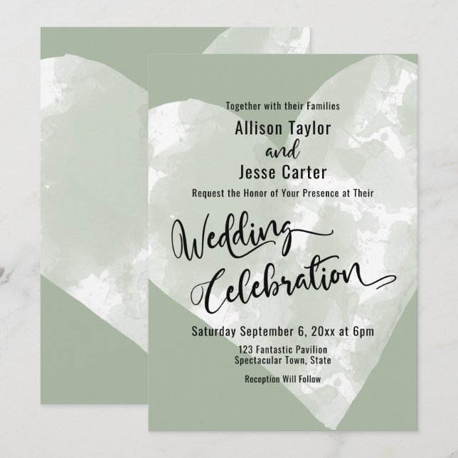 Convites Celebração de Casamento com Coração em Aquarela so (Frente/Verso)
