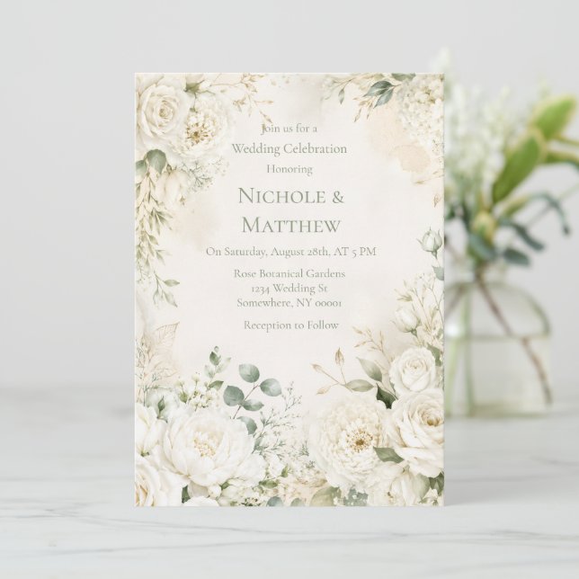 Convites Celebração de Casamento com Florais de Marfim Eleg (Em pé/Frente)