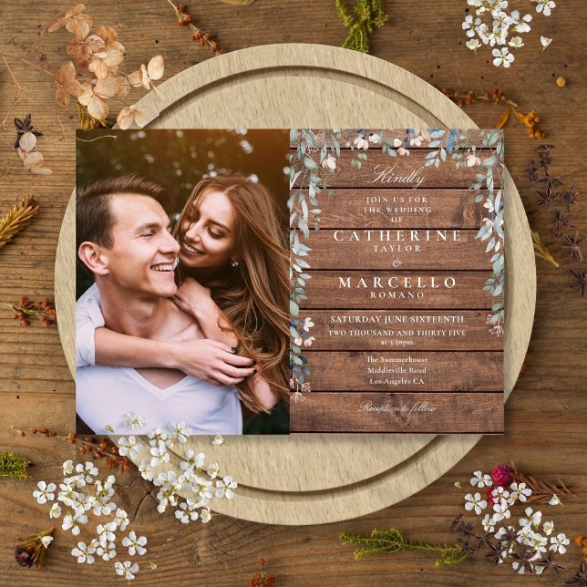 Convites Celebração de Casamento com Foto de Flor de Campo  (Rustic Barn Wood Floral Wildflowers Photo Wedding Invitation)
