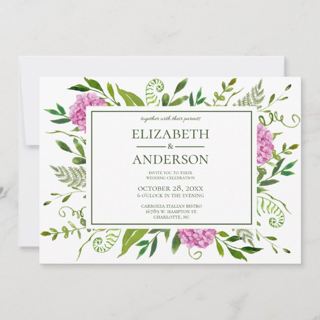 Convites Celebração de Casamento com Hortênsias Rosa (Frente)