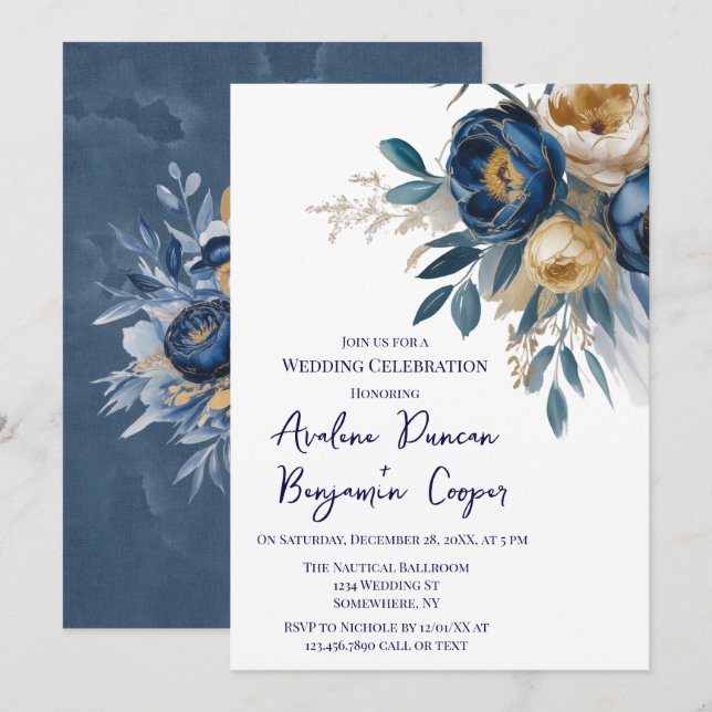 Convites Celebração de Casamento com Peônia Azul Marinho e  (Frente/Verso)