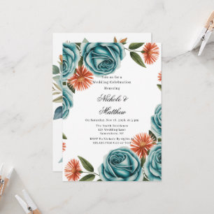 Convites Celebração de Casamento com Rosas Azul-Verdes e Fl