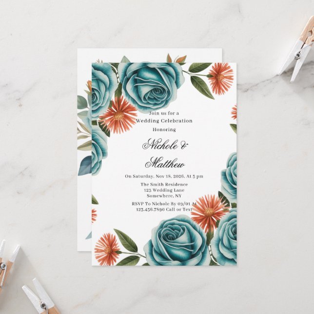 Convites Celebração de Casamento com Rosas Azul-Verdes e Fl (Frente/Verso In Situ)