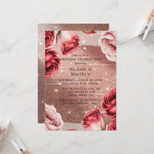 Convites Celebração de Casamento com Rosas vermelhas e Glit