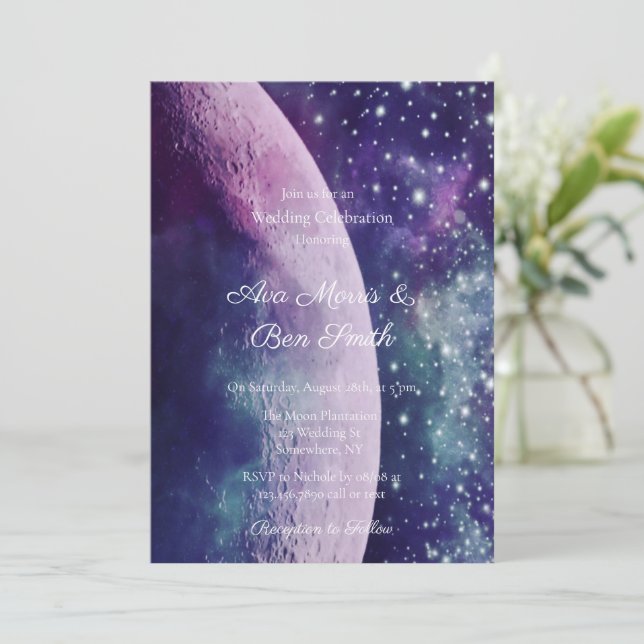 Convites Celebração de Casamento da Galáxia Roxa Celestial  (Em pé/Frente)