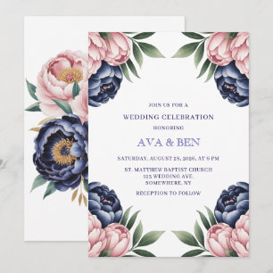 Convites Celebração de Casamento de Penas Azul-Blush e Mari