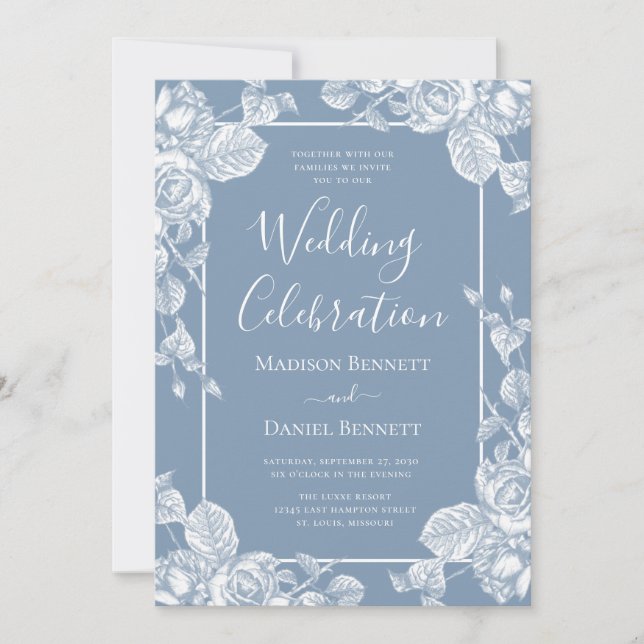 Convites Celebração de Casamento Floral Azul Poento (Frente)