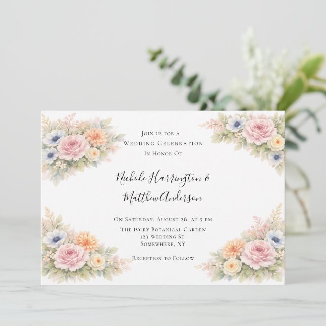 Convites Celebração de Casamento Floral com Aquarela Suave (Em pé/Frente)