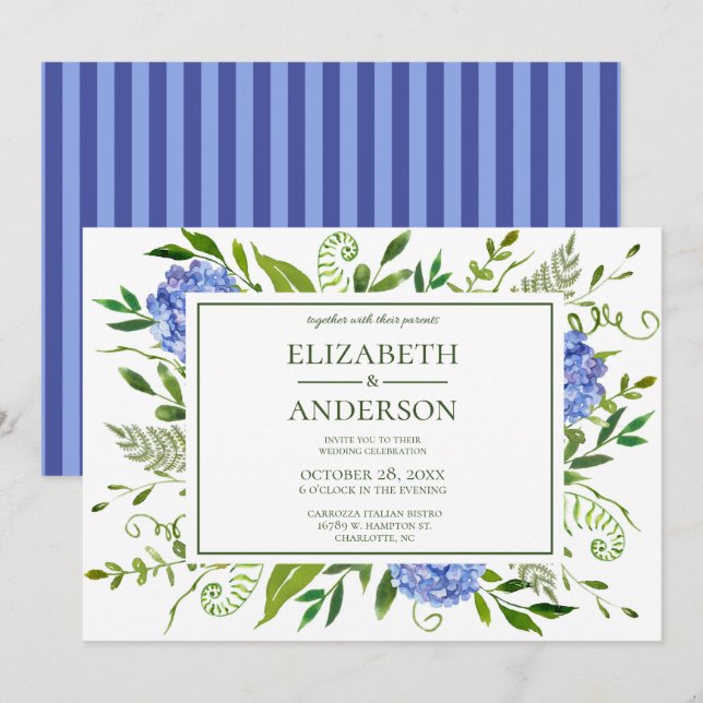 Convites Celebração de Casamento Floral com Hortênsias Azui (Frente/Verso)