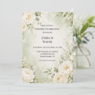 Convites Celebração de Casamento Floral em Verde Salvia e M