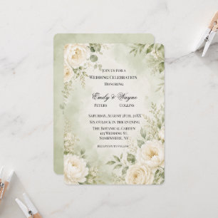 Convites Celebração de Casamento Floral em Verde Salvia e M