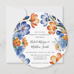 Convites Celebração de Casamento Floral Laranja e Azul Coba
