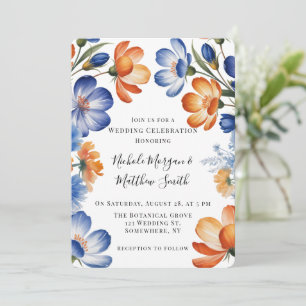 Convites Celebração de Casamento Floral Laranja e Azul Coba