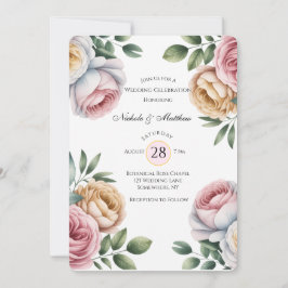 Convites Celebração de Casamento Floral Rosa e Bege Blush e