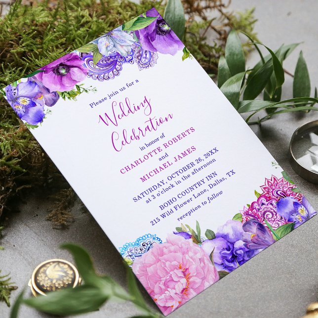 Convites Celebração de Casamento Floral Rosa Roxo Paisley (Criador carregado)
