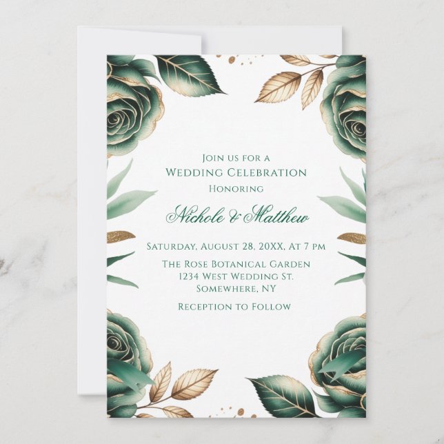 Convites Celebração de Casamento Floral Verde Esmeralda e D (Frente)