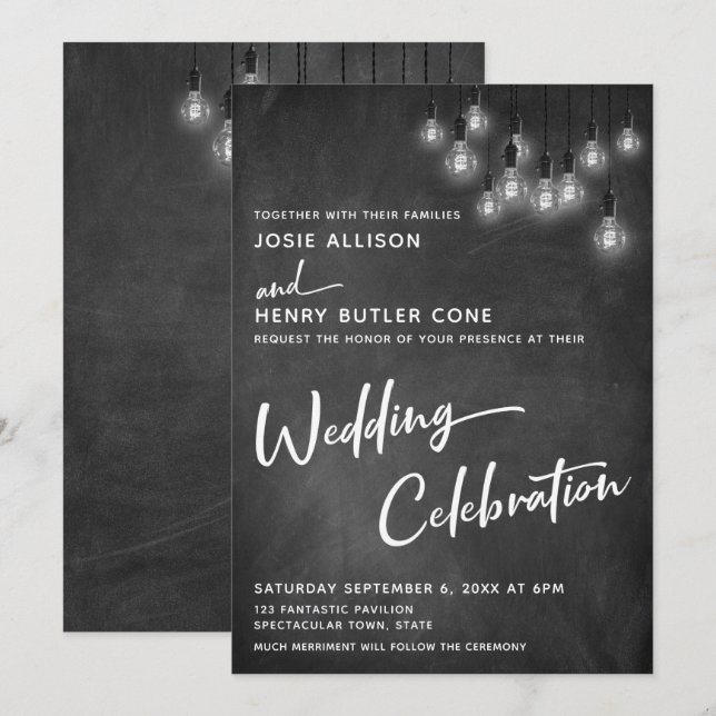Convites Celebração de Casamento Luzes Edison Quadro Negro (Frente/Verso)