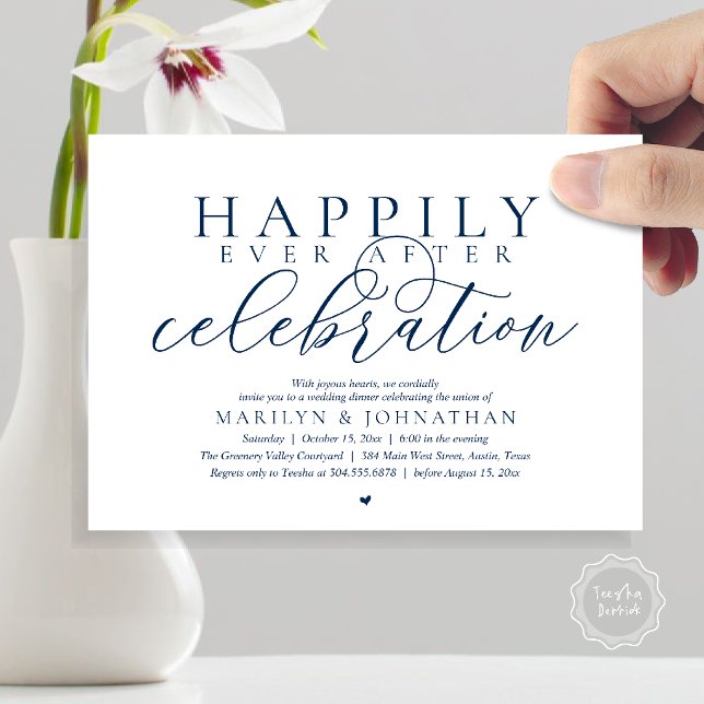 Convites Celebração de Casamento Moderna Feliz para Sempre (Happily Ever After Modern Wedding Celebration Dinner Brunch, Lunch, Invites Card in Navy Blue)