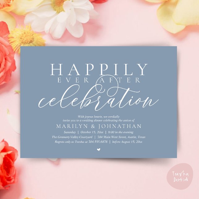 Convites Celebração de Casamento Moderna Feliz para Sempre (Happily Ever After Modern Wedding Celebration Dinner Brunch, Lunch, Invites Card in Dusty Blue)