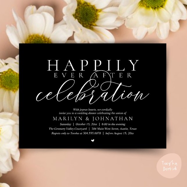 Convites Celebração de Casamento Moderna Feliz para Sempre (Happily Ever After Modern Wedding Celebration Dinner Brunch, Lunch, Invites Card in Classy Black)
