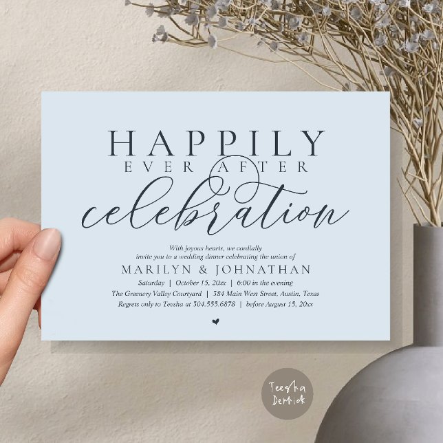 Convites Celebração de Casamento Moderna Feliz para Sempre (Happily Ever After Modern Wedding Celebration Dinner Brunch, Lunch, Invites Card in Misty Blue)