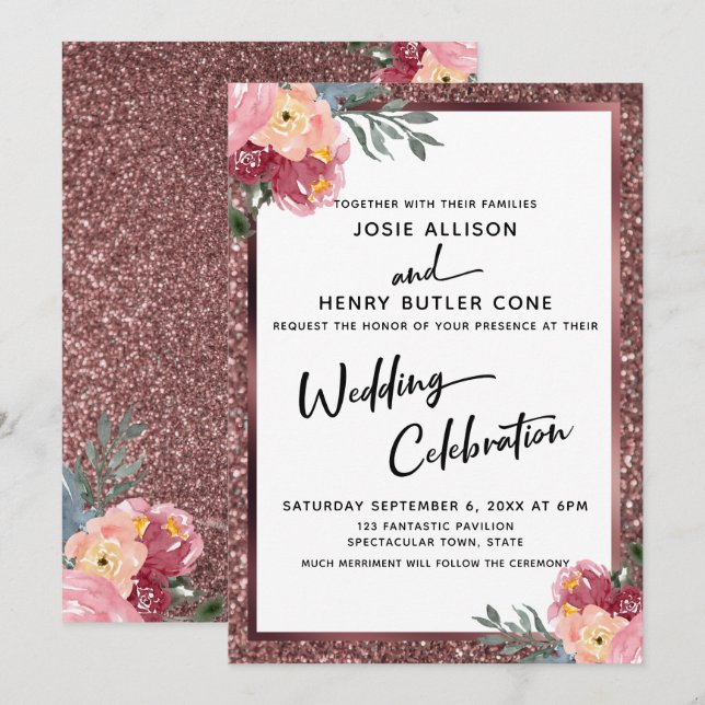 Convites Celebração de Casamento Moderna Rosa Dourado Flora (Frente/Verso)