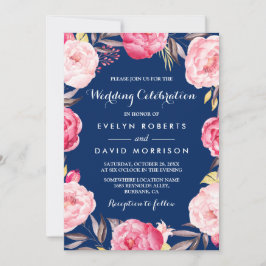 Convites Celebração de Casamento Moderno Floral Marinho Azu