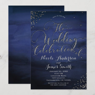 Convites Celebração de Casamento Prata Azul Aquarela Modern