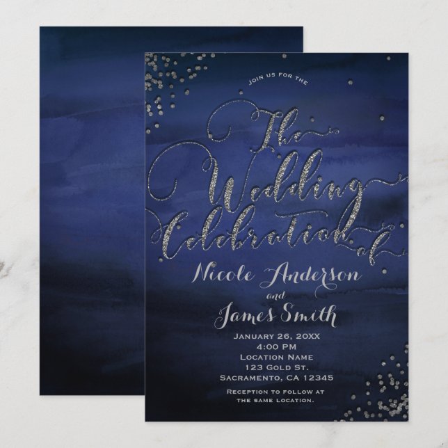 Convites Celebração de Casamento Prata Azul Aquarela Modern (Frente/Verso)