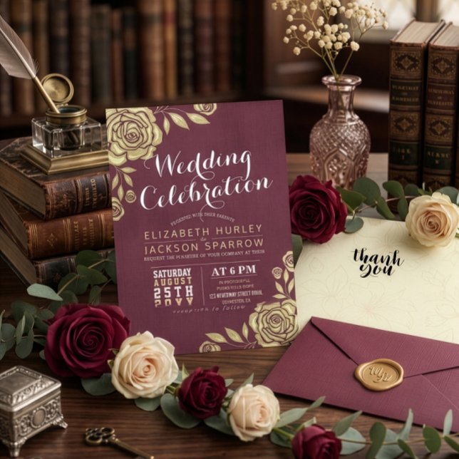 Convites Celebração de Casamento Rosas Douradas Modernas Ve (Criador carregado)