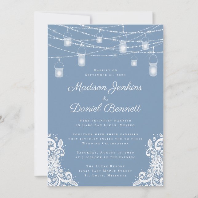 Convites Celebração de Casamento Rustic Dusty Blue Lights (Frente)