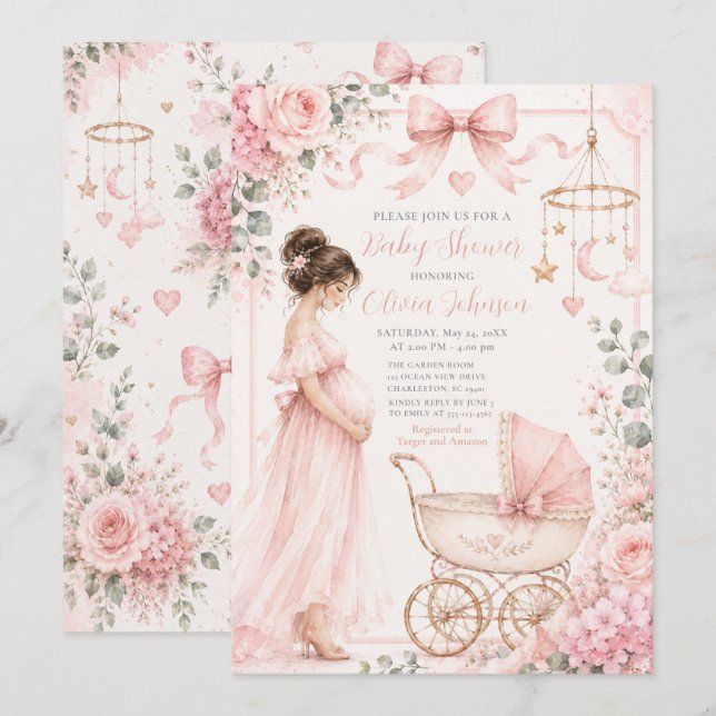 Convites Celebração de Chá de Bebê Rosa (Frente/Verso)