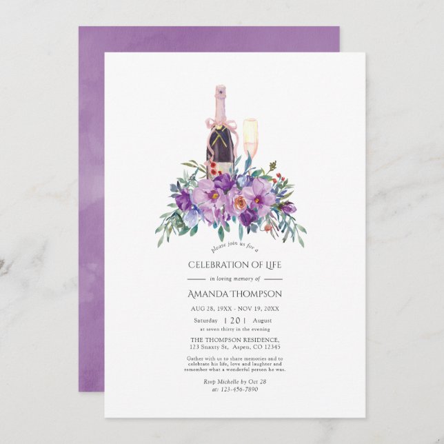 Convites Celebração de Champanhe Floral Purple Foto de Vida (Frente/Verso)