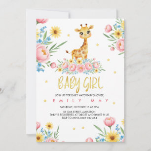 Convites Celebração de Chás de Bebê Menina Girafa Pequena