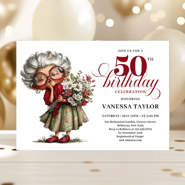 Convites Celebração de cinquenta anos hilária e extravagant (Hilarious fifty birthday lady quirky celebration)