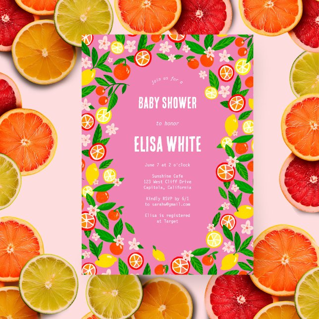 Convites Celebração de Citros CHÁ DE FRALDAS de Verão em Ne (Citrus Celebration CUSTOM Bold Summer BABY SHOWER Invitation Pink)