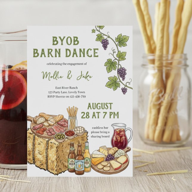 Convites Celebração de Compromisso de Dança no Celeiro Rúst (Bring your own Board rustic party invitation by Darling & May)