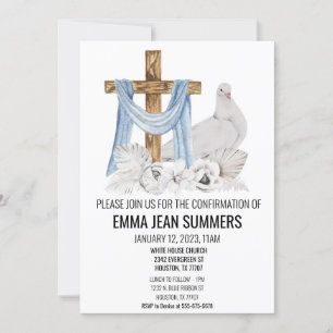 Convites Celebração de Confirmação Pomba Cruz em Aquarela
