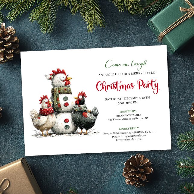 Convites Celebração de Férias com Galinhas Excêntricas Dese (Quirky Chickens Hand Drawn Holiday Celebration Card)